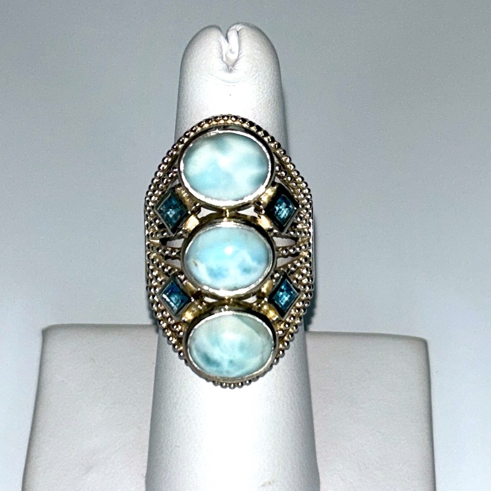 Designer Sterling Silver Blue Topaz Larimar Designer Statement Ring Bohemian
